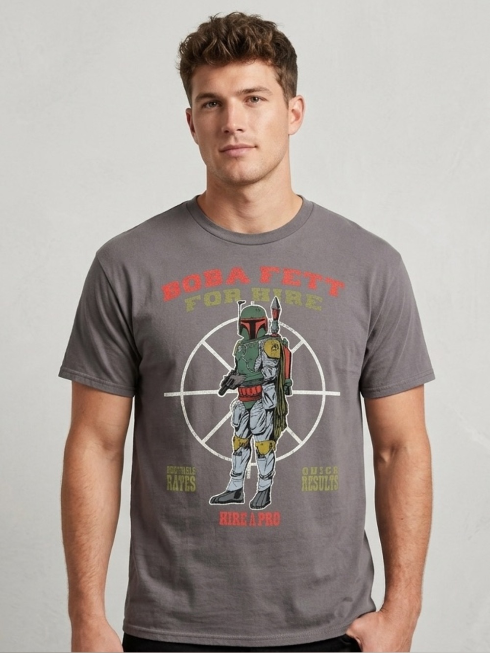 Vintage STAR WARS Boba Fett "For Hire" Graphic Tee - Fifth Sun XL 23” p2p Gray